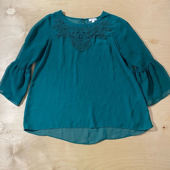 C Tops - C Teal Blouse with Lace Accent Large (OA)